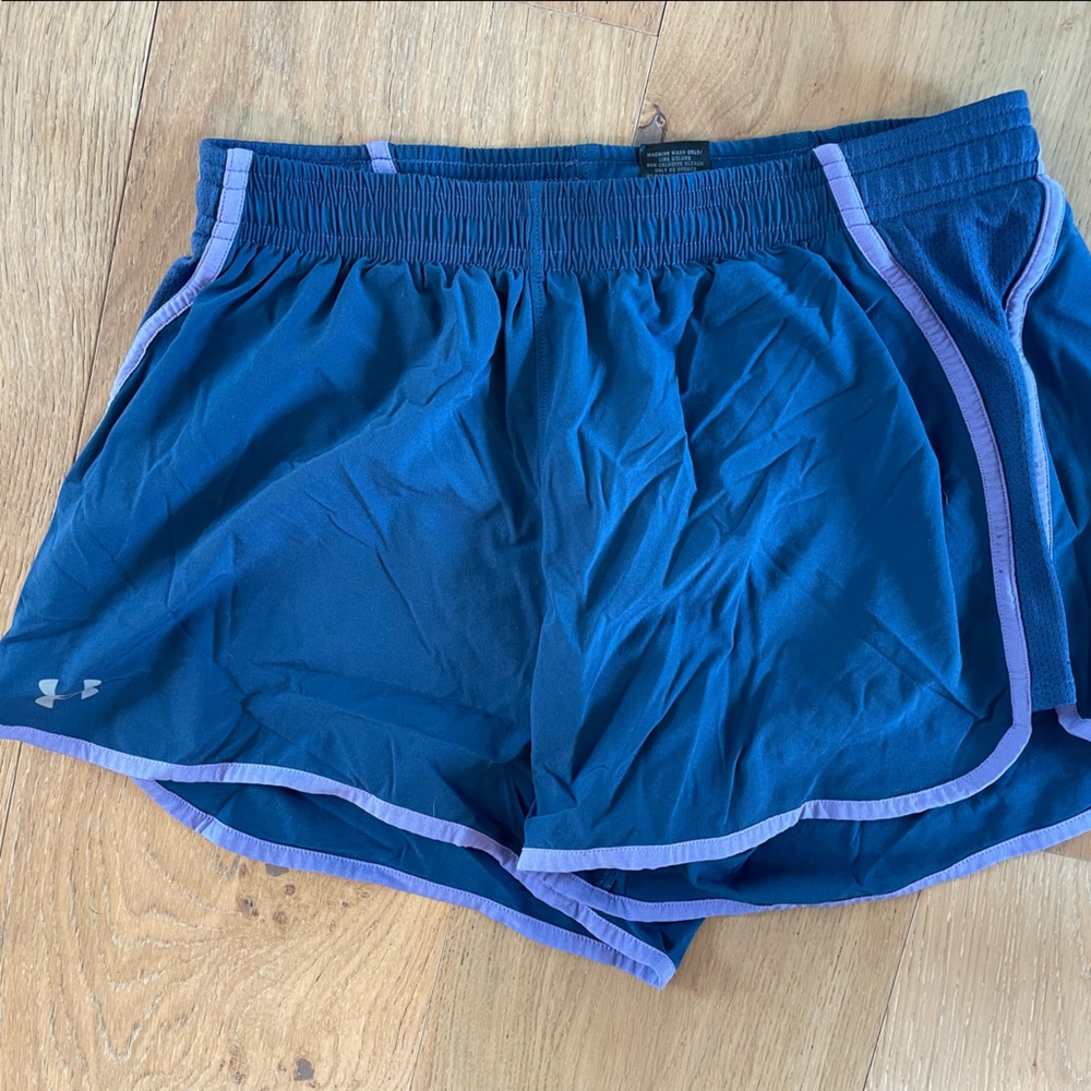 Under Armour size small blue and purple strip shorts with liner and drawstring